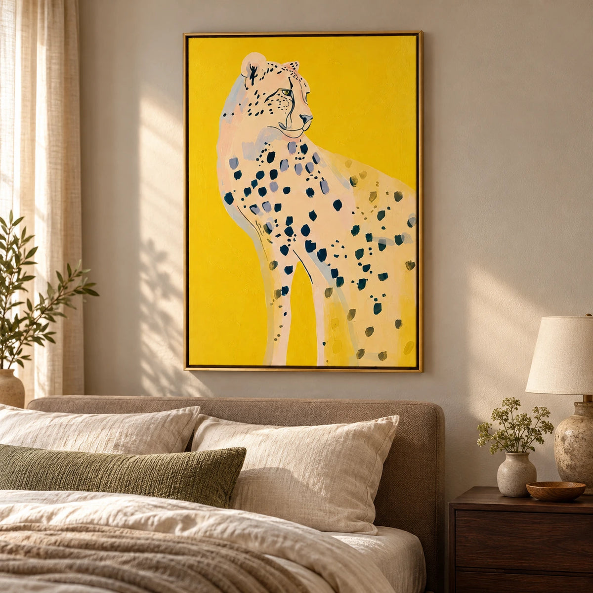 Cheetah on Yellow Oil Painting | Colorful Wildlife Animal Portrait Vertical Canvas Wall Art #OA 1634
