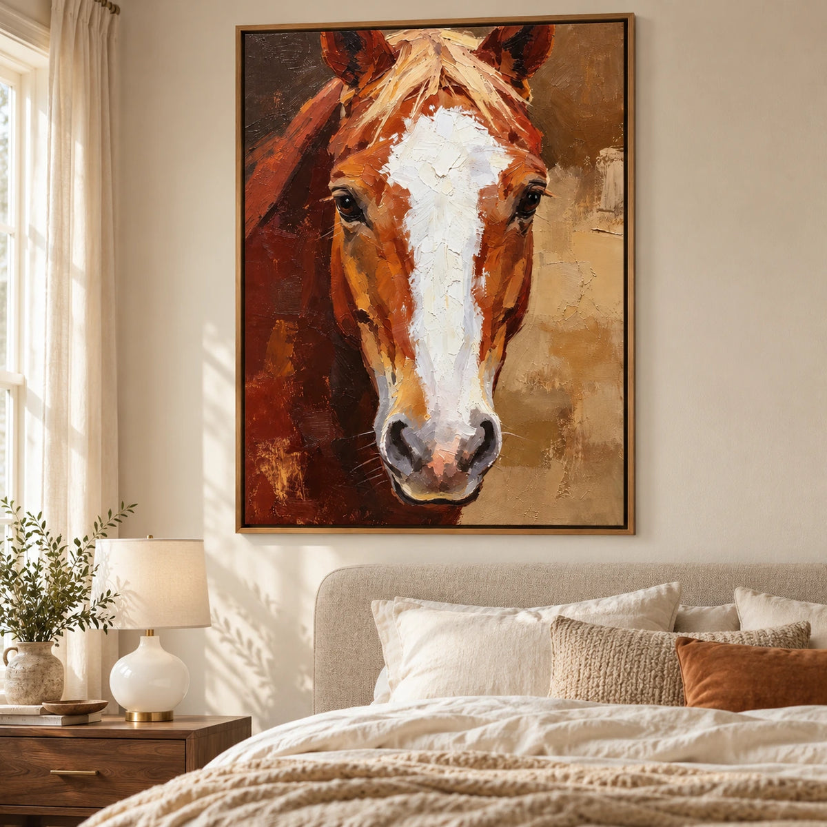 Chestnut Horse Portrait Oil Painting | White Blaze and Golden Mane Textured Equestrian Vertical Wall Art OA 1666