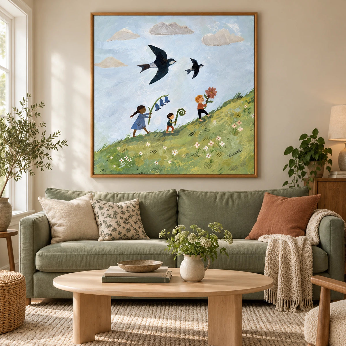 Children with Flowers and Flying Swallows Oil Painting | Whimsical Meadow Nursery Wall Art #OA 1620