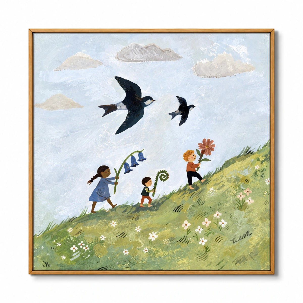 Children with Flowers and Flying Swallows Oil Painting | Whimsical Meadow Nursery Wall Art #OA 1620