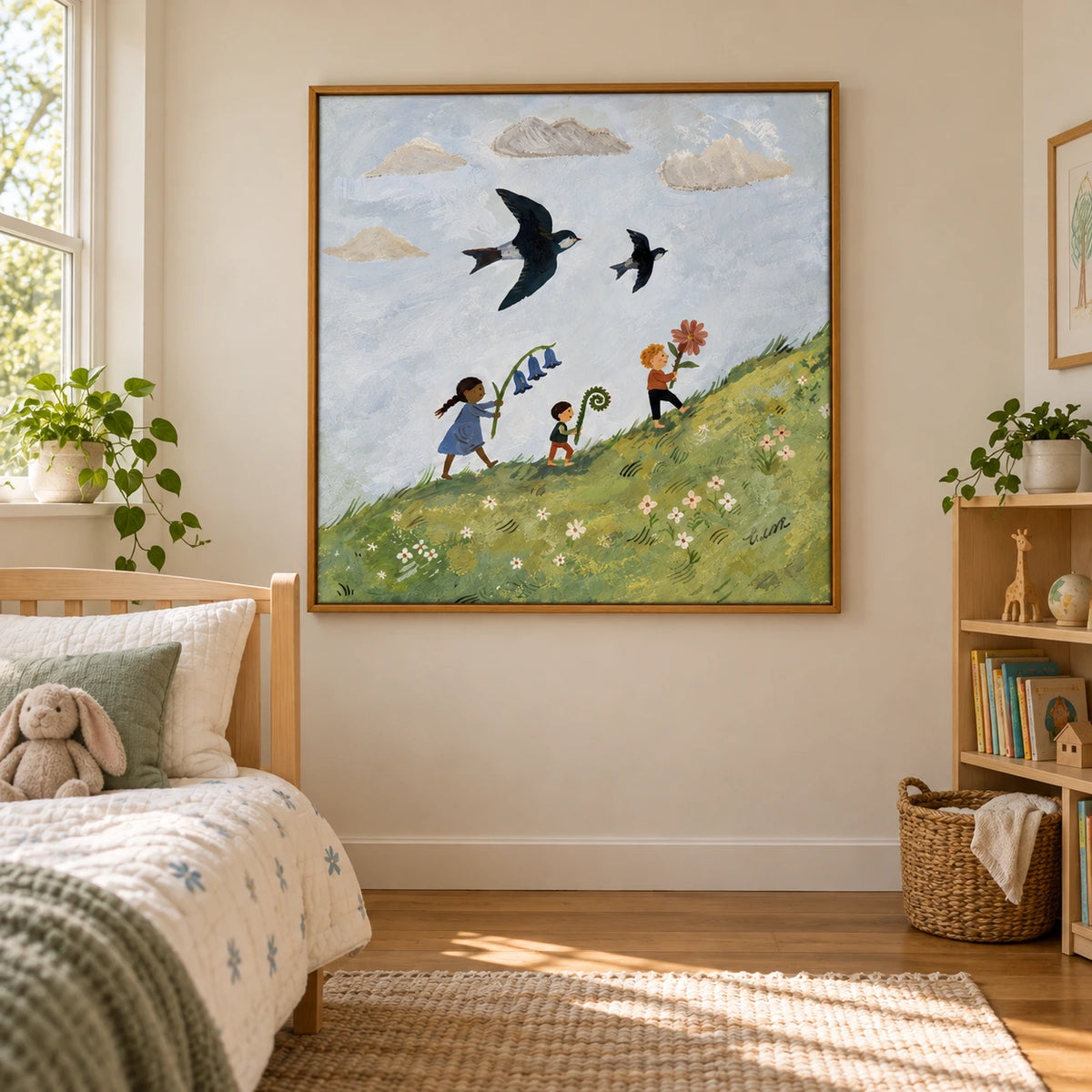 Children with Flowers and Flying Swallows Oil Painting | Whimsical Meadow Nursery Wall Art #OA 1620