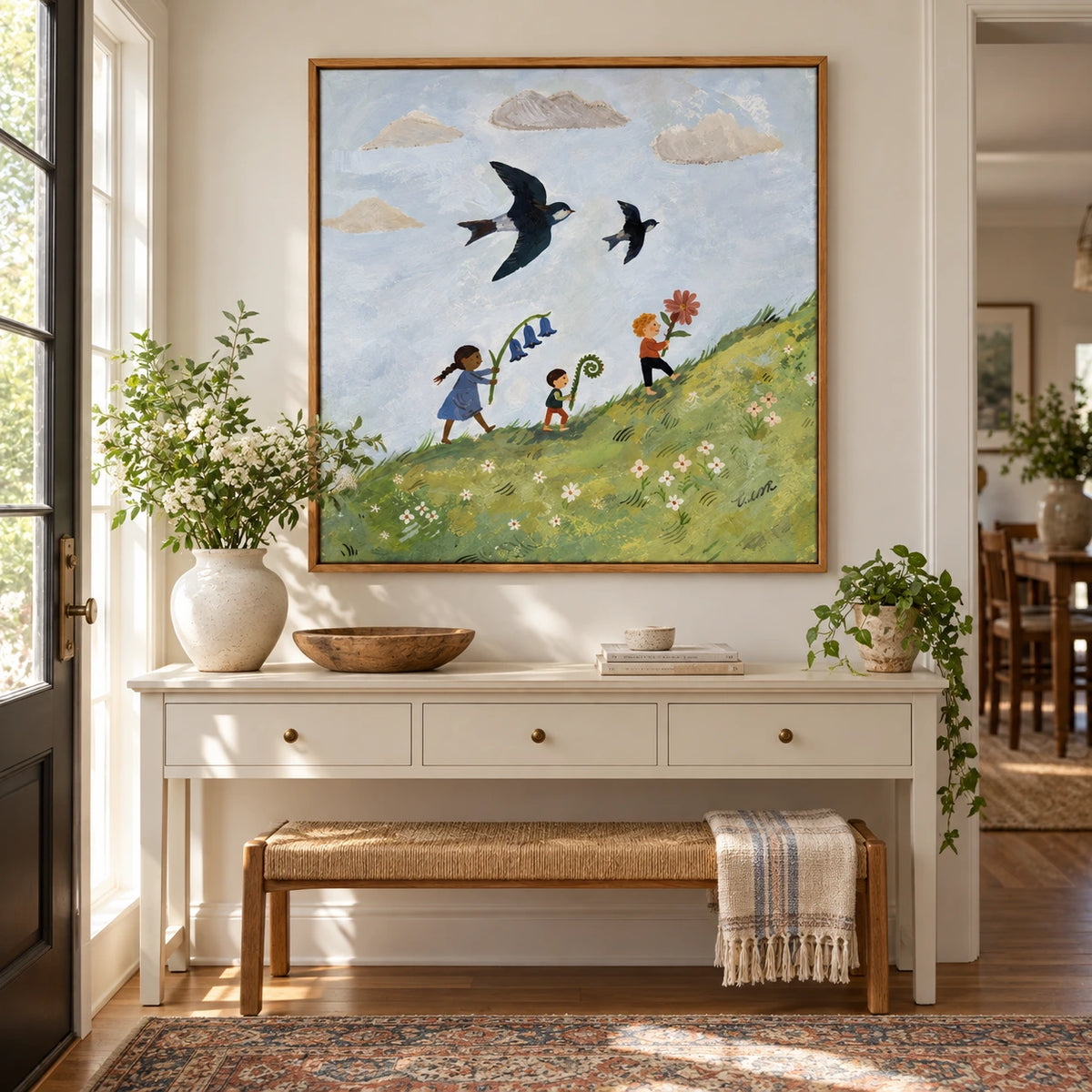 Children with Flowers and Flying Swallows Oil Painting | Whimsical Meadow Nursery Wall Art #OA 1620