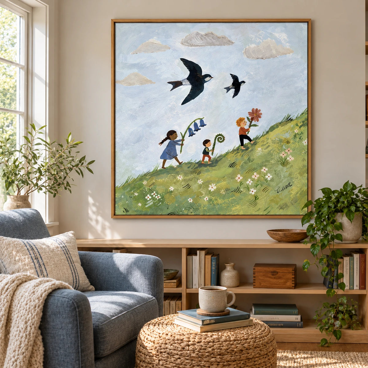 Children with Flowers and Flying Swallows Oil Painting | Whimsical Meadow Nursery Wall Art #OA 1620