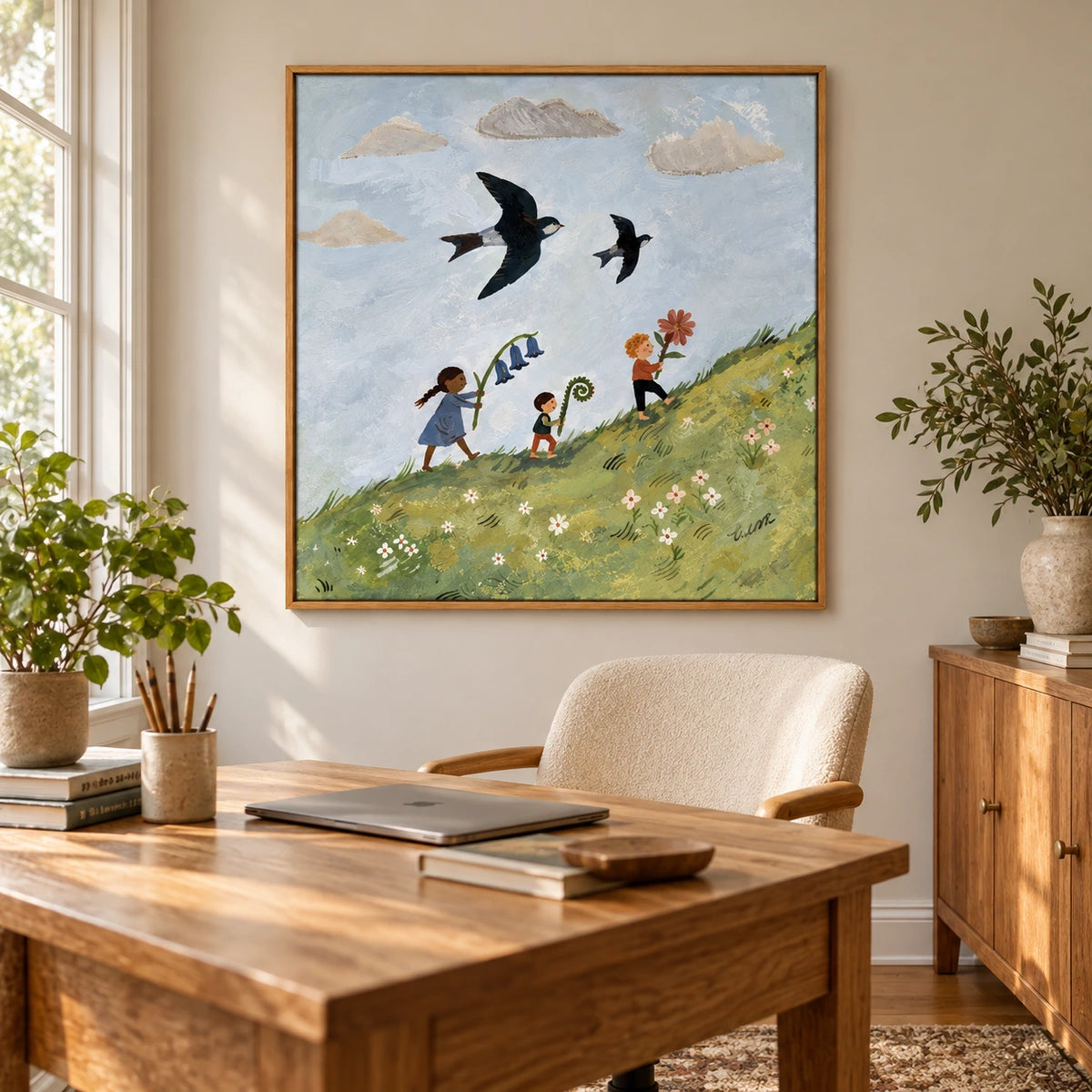 Children with Flowers and Flying Swallows Oil Painting | Whimsical Meadow Nursery Wall Art #OA 1620