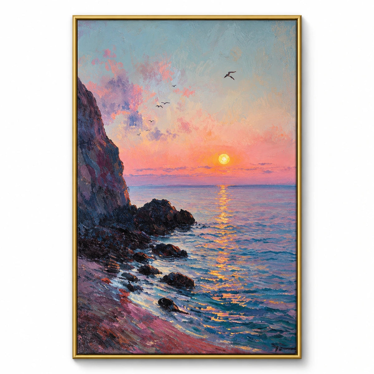 Coastal Sunset Oil Painting | Pink Sky, Rocky Shore and Ocean Seascape Wall Art #OA 1602