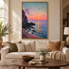 Coastal Sunset Oil Painting | Pink Sky, Rocky Shore and Ocean Seascape Wall Art #OA 1602