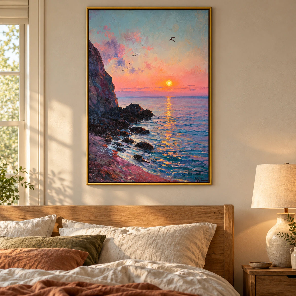 Coastal Sunset Oil Painting | Pink Sky, Rocky Shore and Ocean Seascape Wall Art #OA 1602
