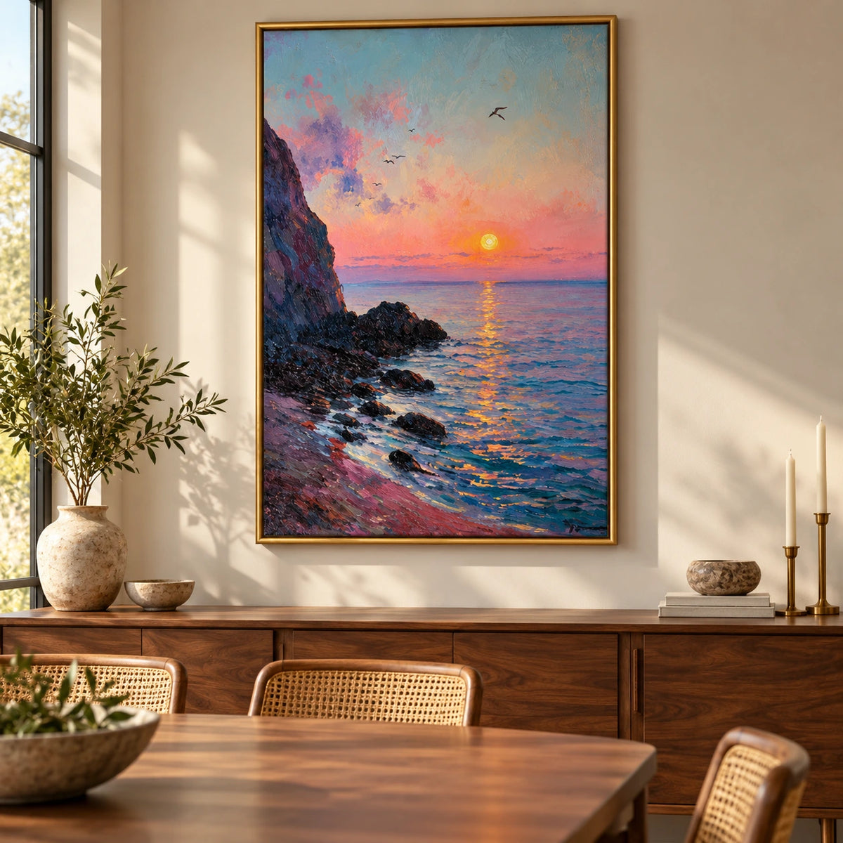 Coastal Sunset Oil Painting | Pink Sky, Rocky Shore and Ocean Seascape Wall Art #OA 1602