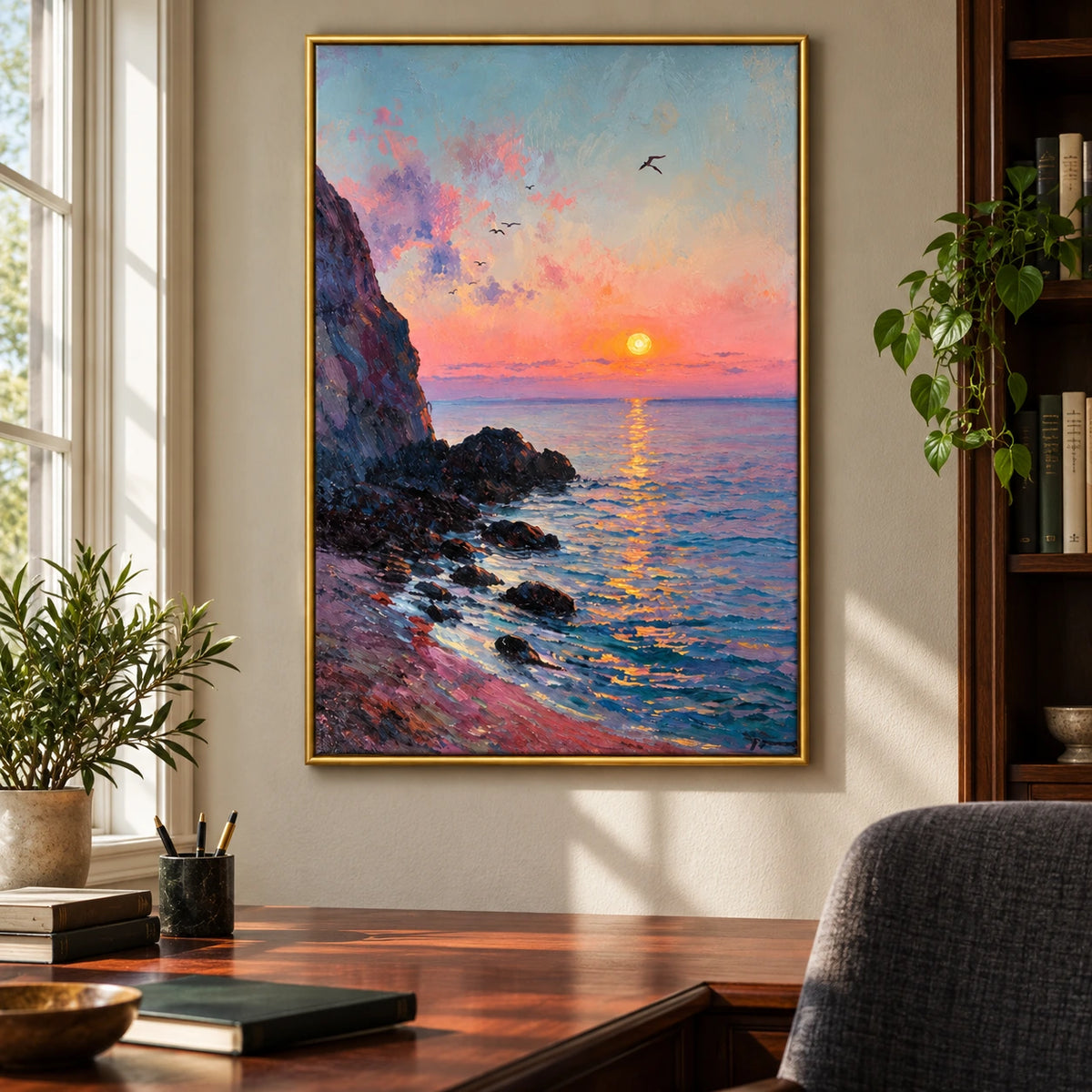 Coastal Sunset Oil Painting | Pink Sky, Rocky Shore and Ocean Seascape Wall Art #OA 1602