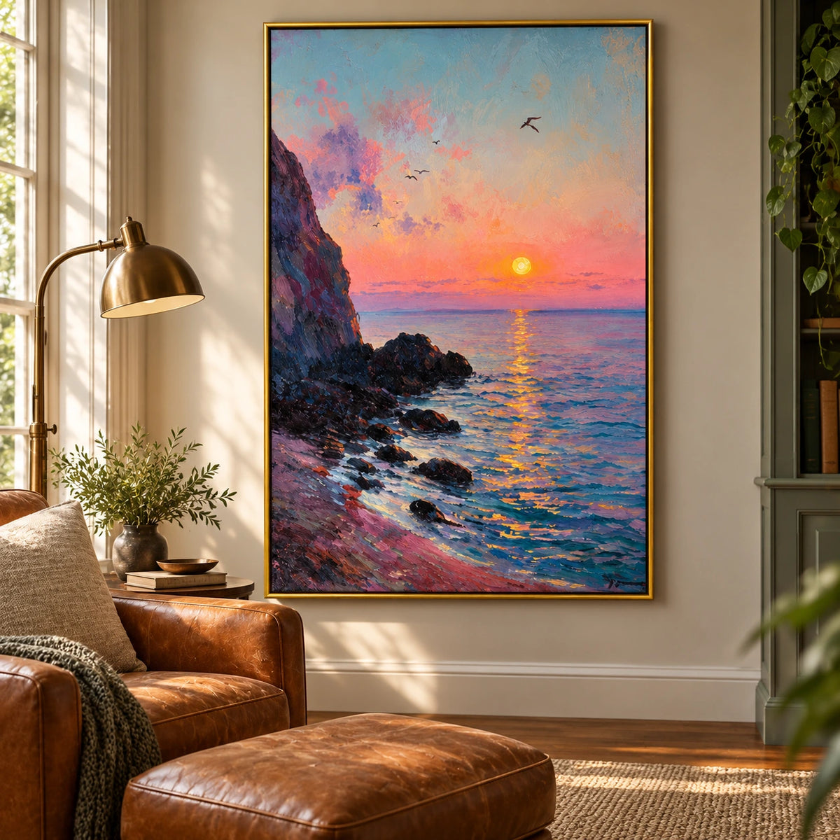 Coastal Sunset Oil Painting | Pink Sky, Rocky Shore and Ocean Seascape Wall Art #OA 1602