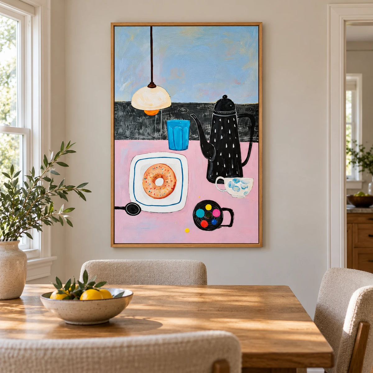 Coffee Pot and Donut Still Life Oil Painting | Pink Table Blue Glass and Pendant Lamp Kitchen Wall Art #OA 1698