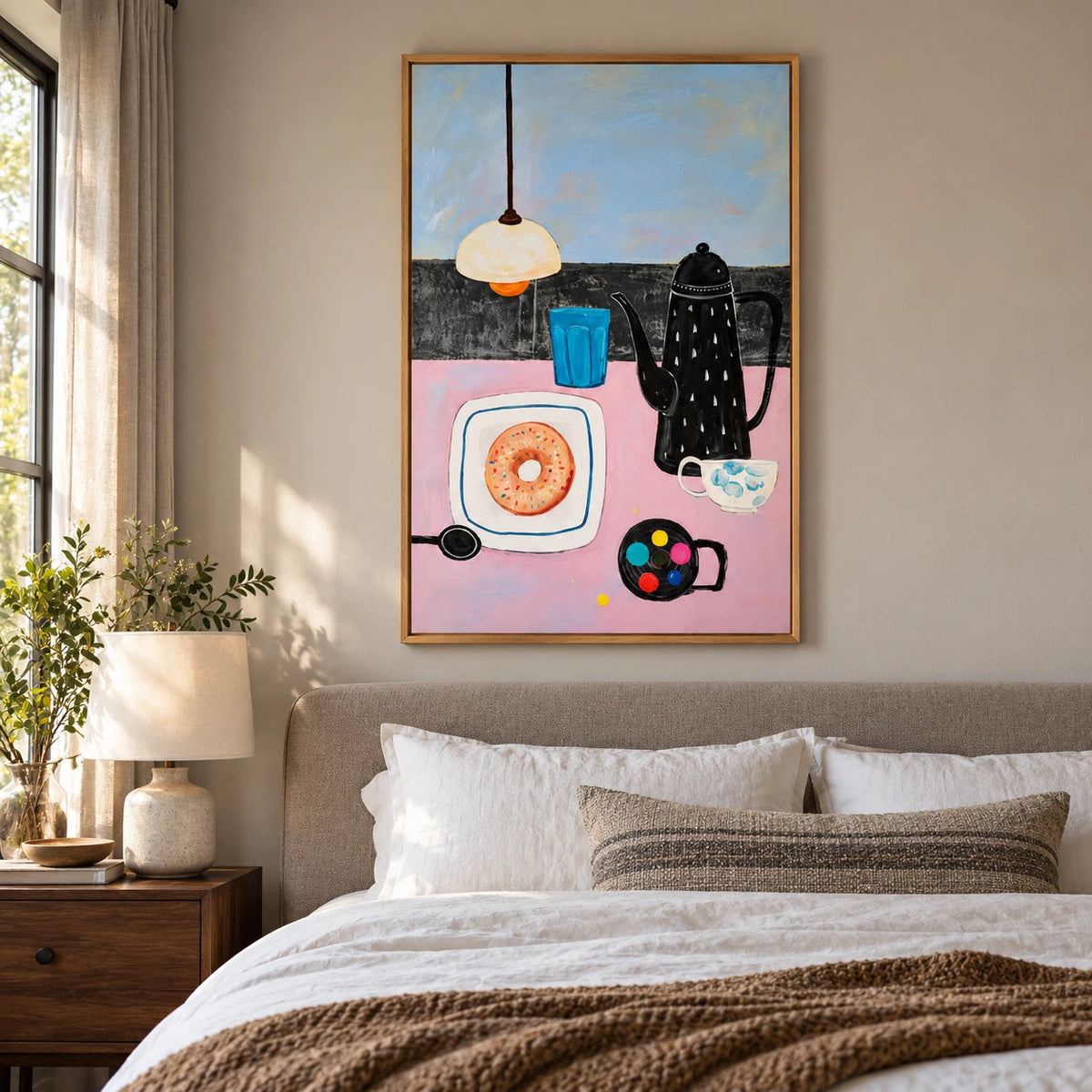 Coffee Pot and Donut Still Life Oil Painting | Pink Table Blue Glass and Pendant Lamp Kitchen Wall Art #OA 1698