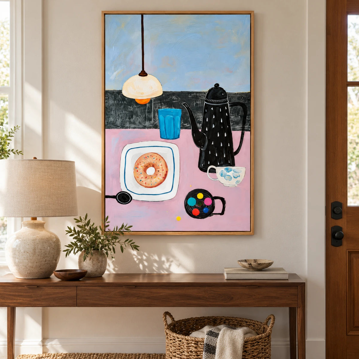 Coffee Pot and Donut Still Life Oil Painting | Pink Table Blue Glass and Pendant Lamp Kitchen Wall Art #OA 1698