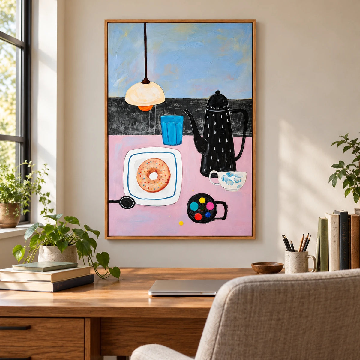 Coffee Pot and Donut Still Life Oil Painting | Pink Table Blue Glass and Pendant Lamp Kitchen Wall Art #OA 1698