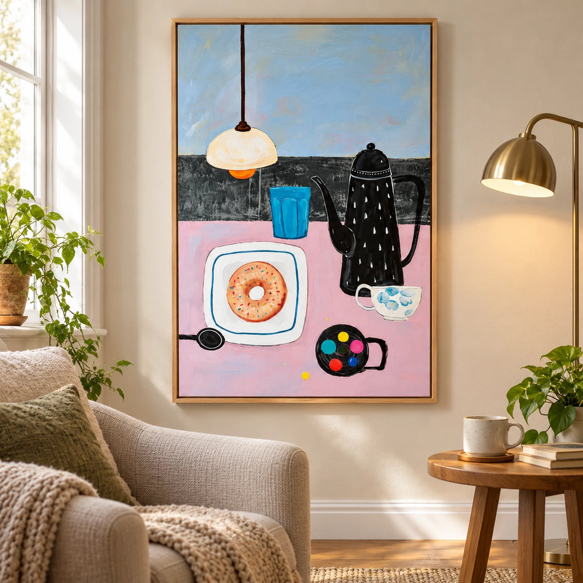 Coffee Pot and Donut Still Life Oil Painting | Pink Table Blue Glass and Pendant Lamp Kitchen Wall Art #OA 1698