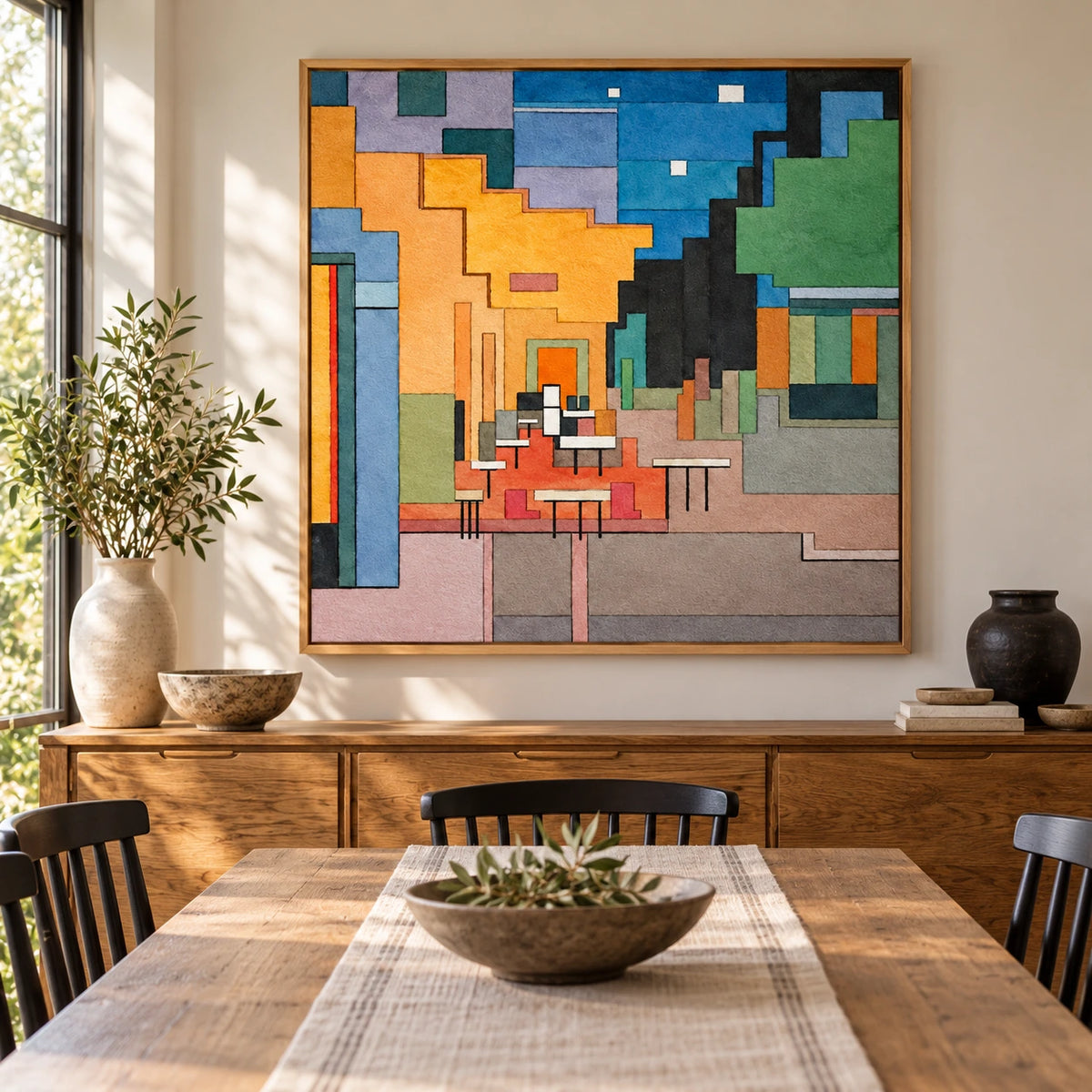 Colorful Geometric Interior Oil Painting | Modern Architectural Abstract Square Wall Art #OA 1618