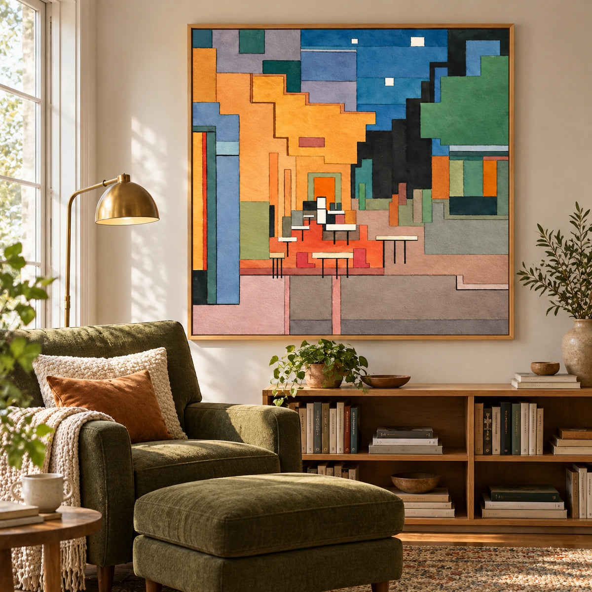 Colorful Geometric Interior Oil Painting | Modern Architectural Abstract Square Wall Art #OA 1618