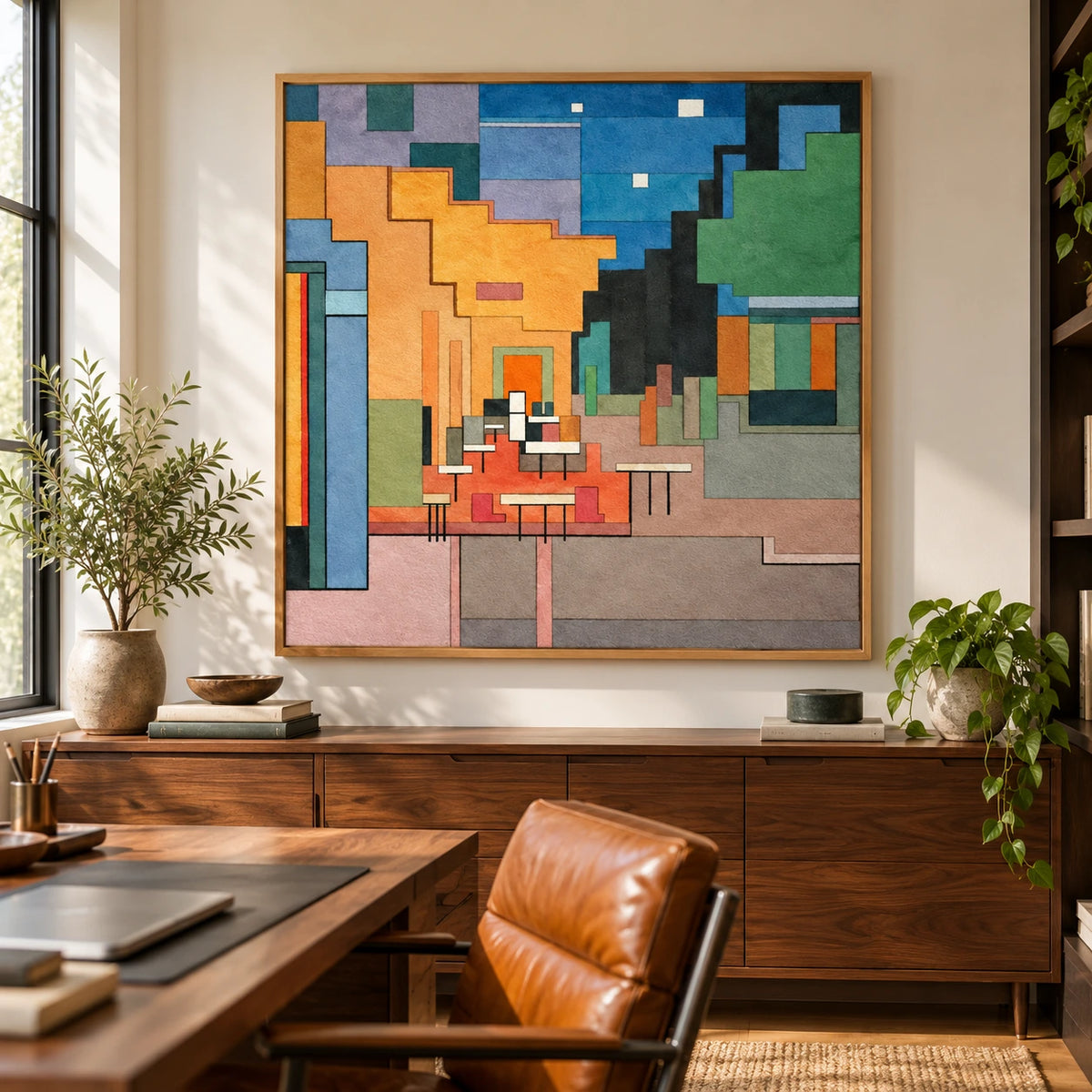 Colorful Geometric Interior Oil Painting | Modern Architectural Abstract Square Wall Art #OA 1618
