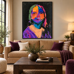 Colorful Mona Lisa Portrait Oil Painting | Orange Blue Purple Impasto Face on Black Vertical Wall Art #OA 1668