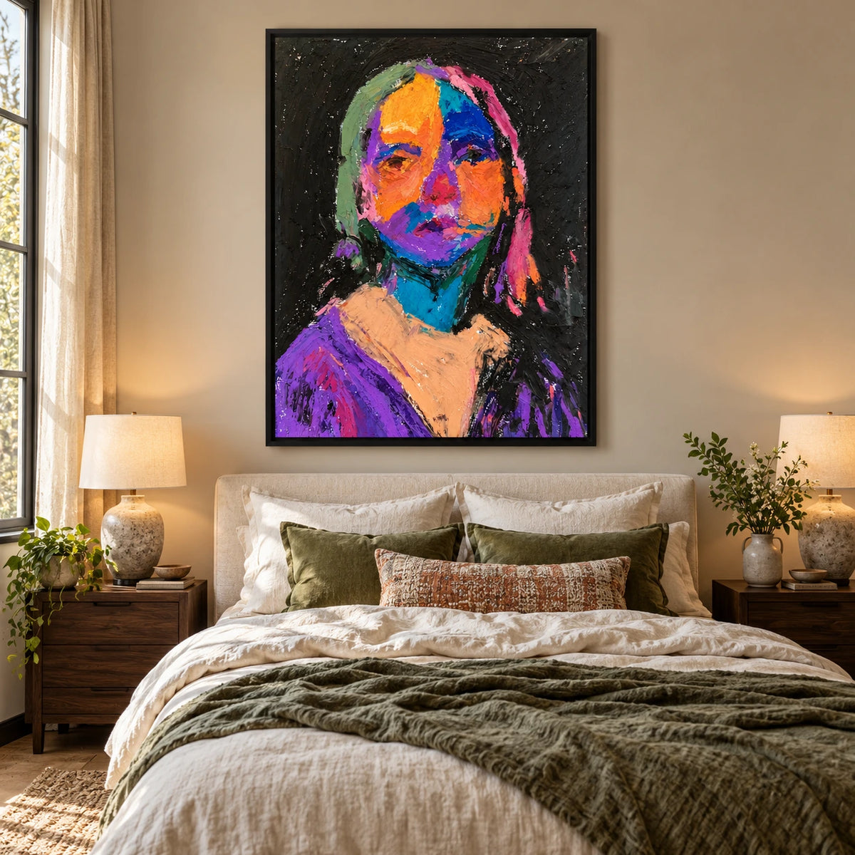 Colorful Mona Lisa Portrait Oil Painting | Orange Blue Purple Impasto Face on Black Vertical Wall Art OA 1668