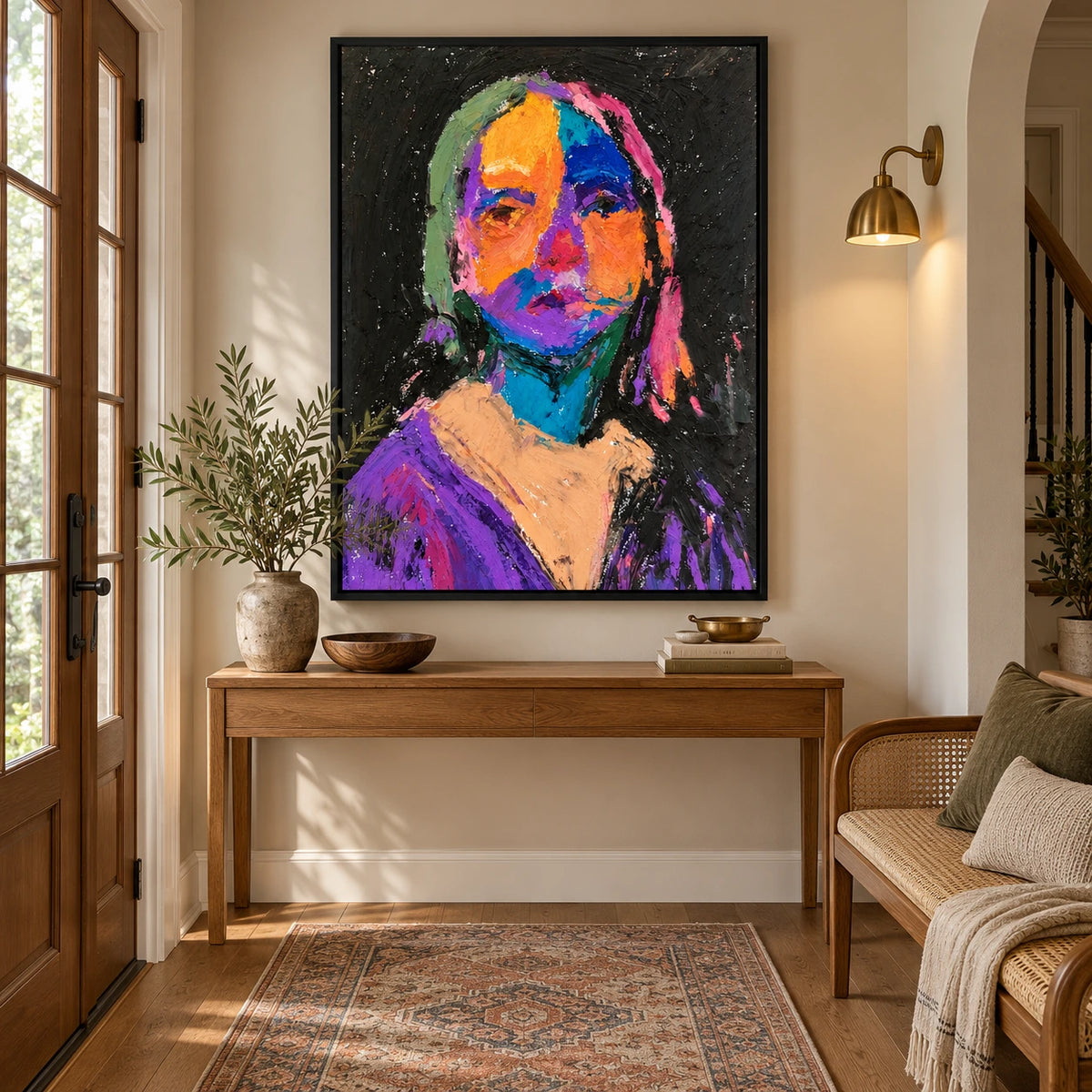 Colorful Mona Lisa Portrait Oil Painting | Orange Blue Purple Impasto Face on Black Vertical Wall Art OA 1668