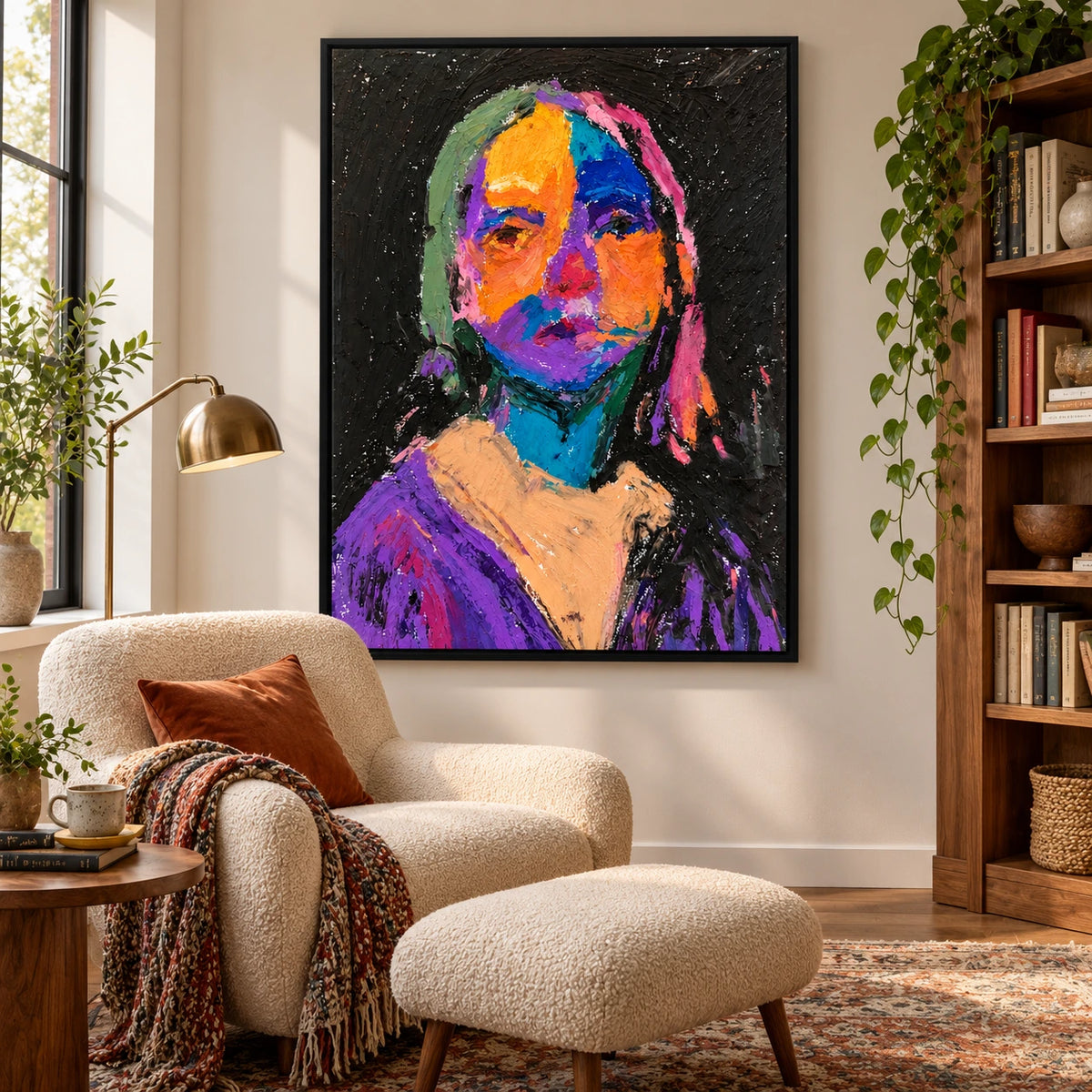 Colorful Mona Lisa Portrait Oil Painting | Orange Blue Purple Impasto Face on Black Vertical Wall Art OA 1668