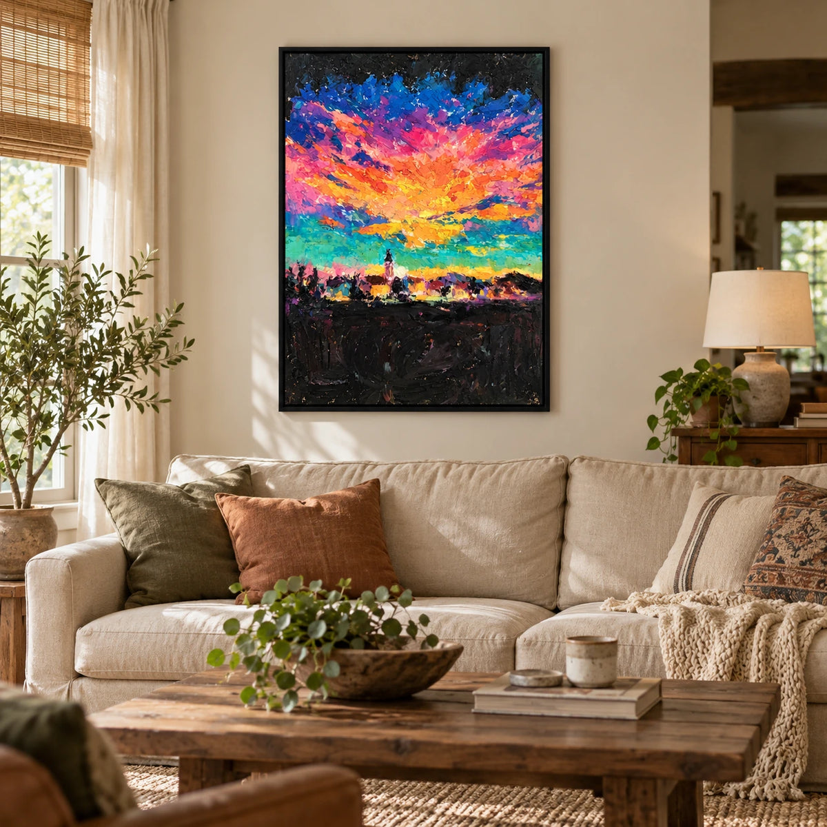 Colorful Sunset over Distant Tower Oil Painting | Orange Pink Purple Blue and Green Textured Vertical Landscape Wall Art OA 1775