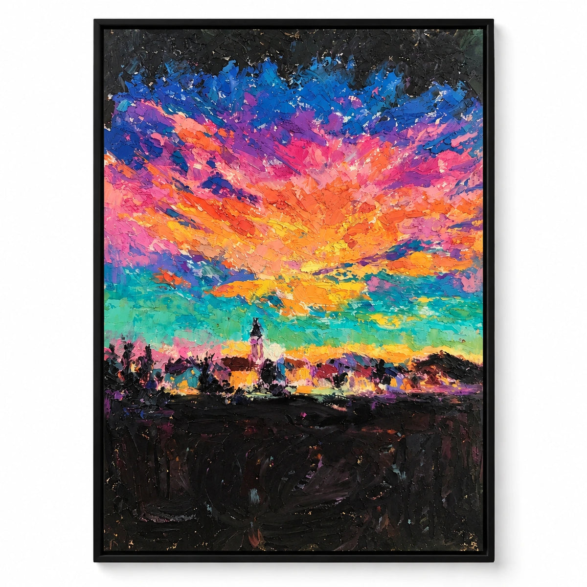 Colorful Sunset over Distant Tower Oil Painting | Orange Pink Purple Blue and Green Textured Vertical Landscape Wall Art OA 1775