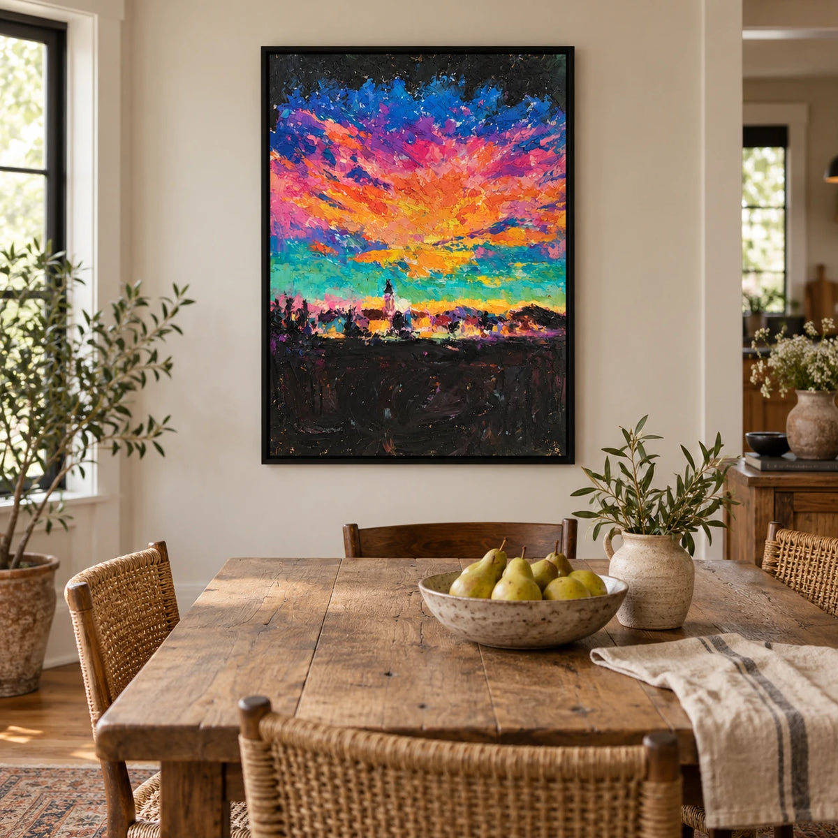 Colorful Sunset over Distant Tower Oil Painting | Orange Pink Purple Blue and Green Textured Vertical Landscape Wall Art OA 1775