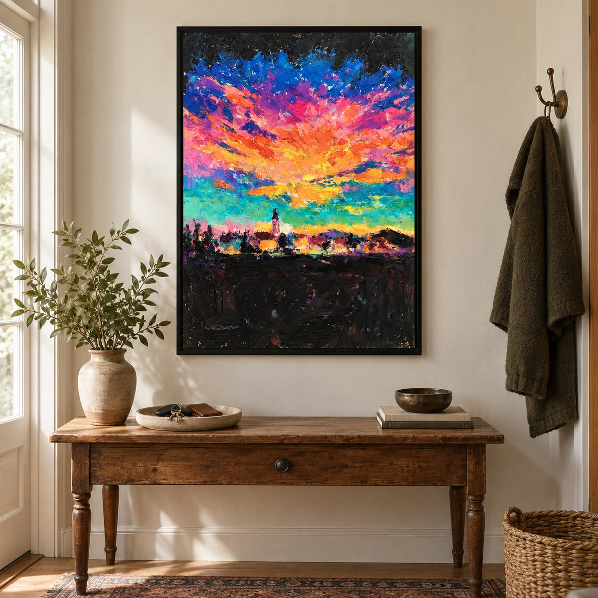 Colorful Sunset over Distant Tower Oil Painting | Orange Pink Purple Blue and Green Textured Vertical Landscape Wall Art OA 1775