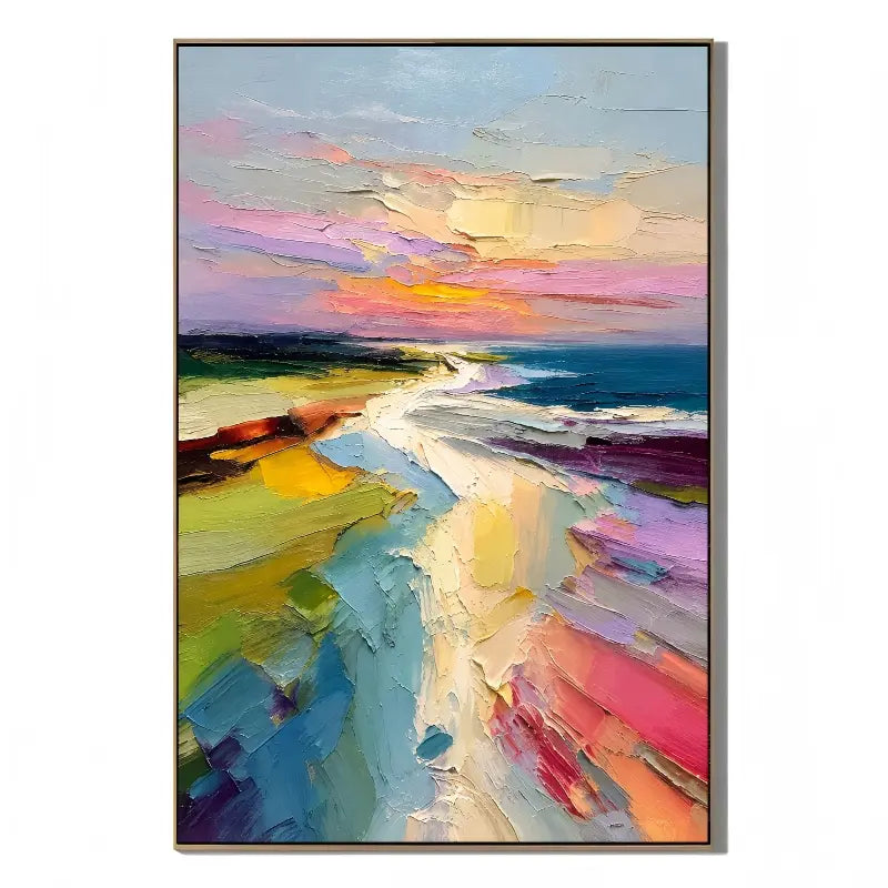 Colorful Abstract Coastal Landscape Wall Art – Modern Palette Knife Oil Painting Decor