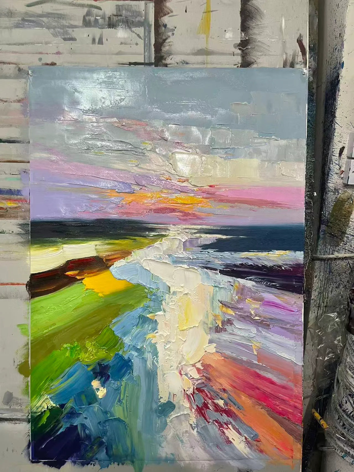Colorful Abstract Coastal Landscape Wall Art – Modern Palette Knife Oil Painting Decor