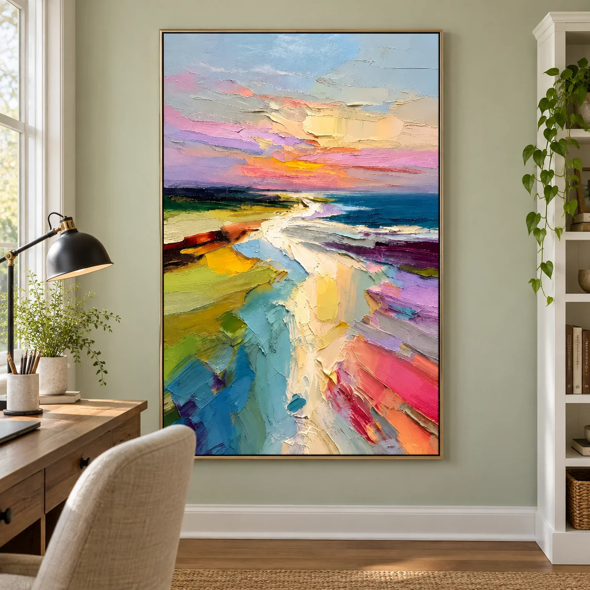 Colorful Abstract Coastal Landscape Wall Art – Modern Palette Knife Oil Painting Decor