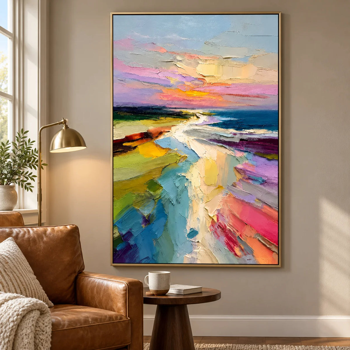 Colorful Abstract Coastal Landscape Wall Art – Modern Palette Knife Oil Painting Decor