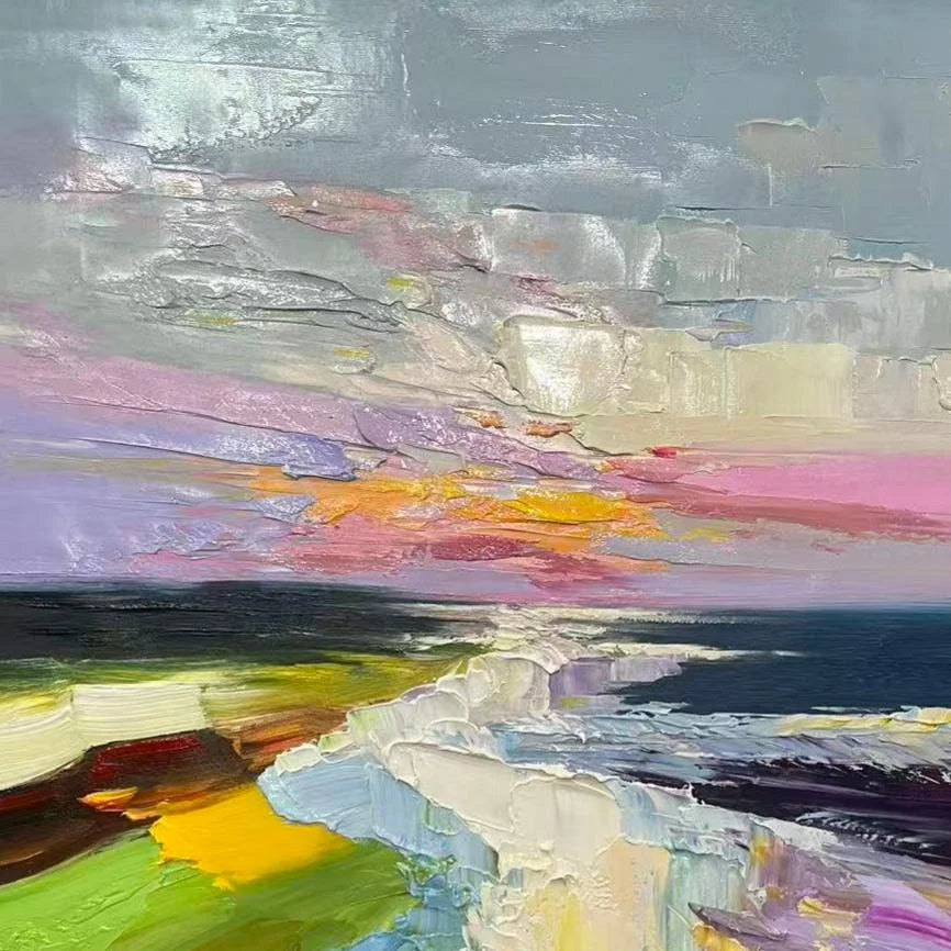 Colorful Abstract Coastal Landscape Wall Art – Modern Palette Knife Oil Painting Decor