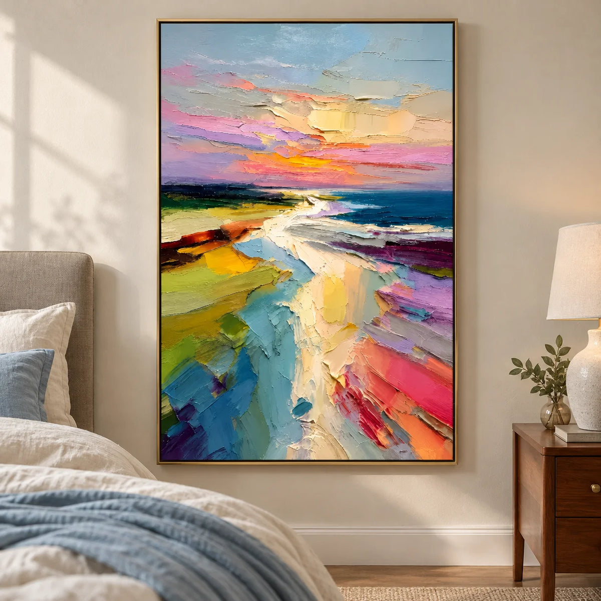 Colorful Abstract Coastal Landscape Wall Art – Modern Palette Knife Oil Painting Decor