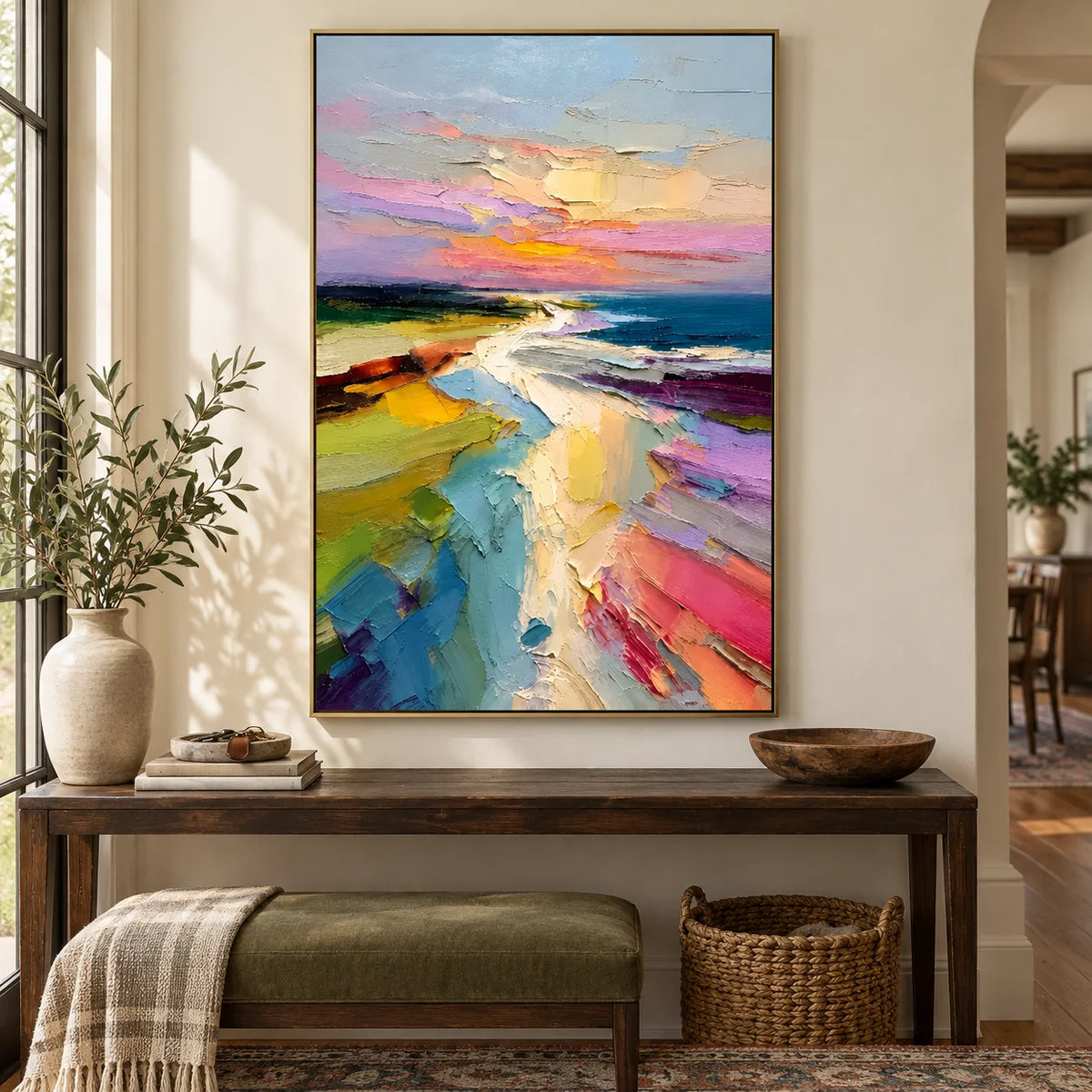 Colorful Abstract Coastal Landscape Wall Art – Modern Palette Knife Oil Painting Decor