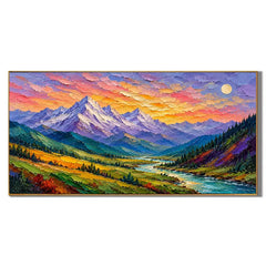Colorful Mountain Sunset Landscape Oil Painting, Hand Painted Textured River Valley Wall Art for Living Room Bedroom | Ownanart# OA 1404