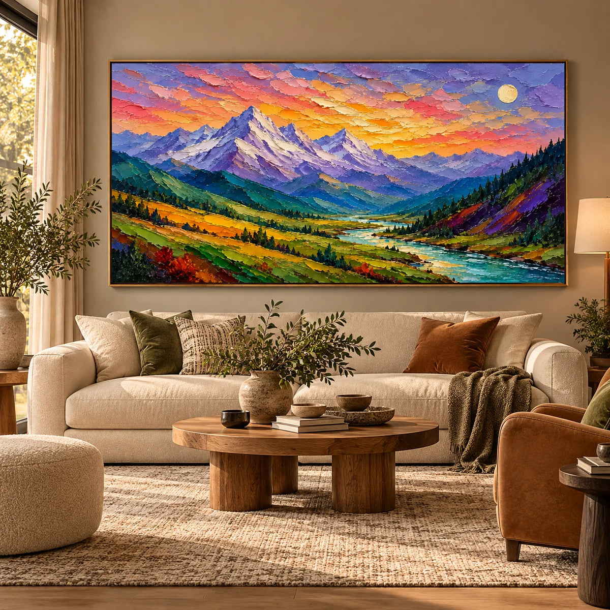Textured Abstract Mountain Landscape Oil Painting, Hand Painted Earth Tone Impasto Wall Art for Living Room Bedroom | Ownanart