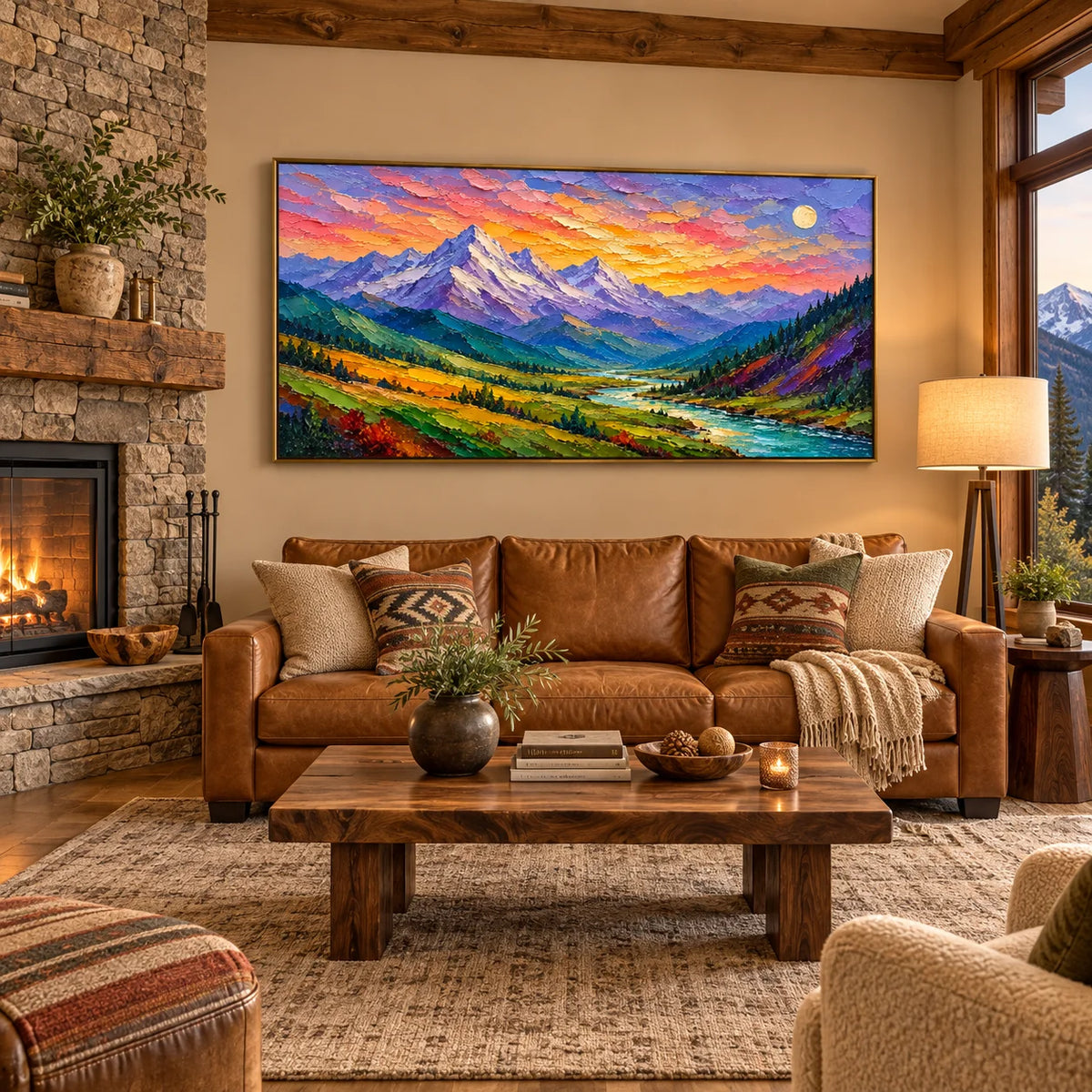 Textured Abstract Mountain Landscape Oil Painting, Hand Painted Earth Tone Impasto Wall Art for Living Room Bedroom | Ownanart