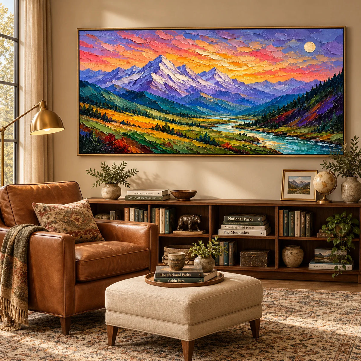 Textured Abstract Mountain Landscape Oil Painting, Hand Painted Earth Tone Impasto Wall Art for Living Room Bedroom | Ownanart