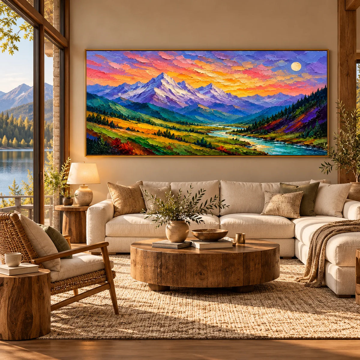 Textured Abstract Mountain Landscape Oil Painting, Hand Painted Earth Tone Impasto Wall Art for Living Room Bedroom | Ownanart