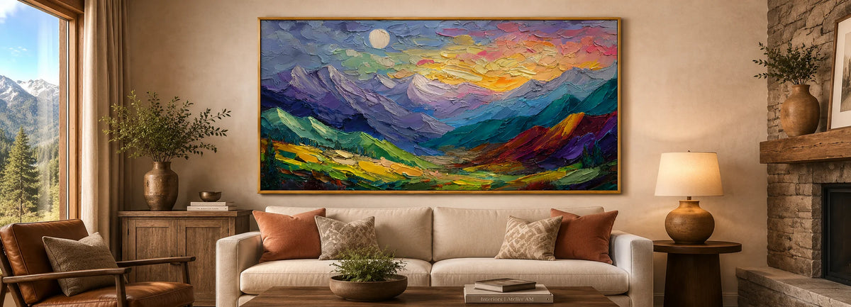 Large horizontal hand-painted textured mountain landscape oil painting with colorful peaks, a glowing sunset and moon, displayed above a cream sofa in a warm rustic lodge living room.