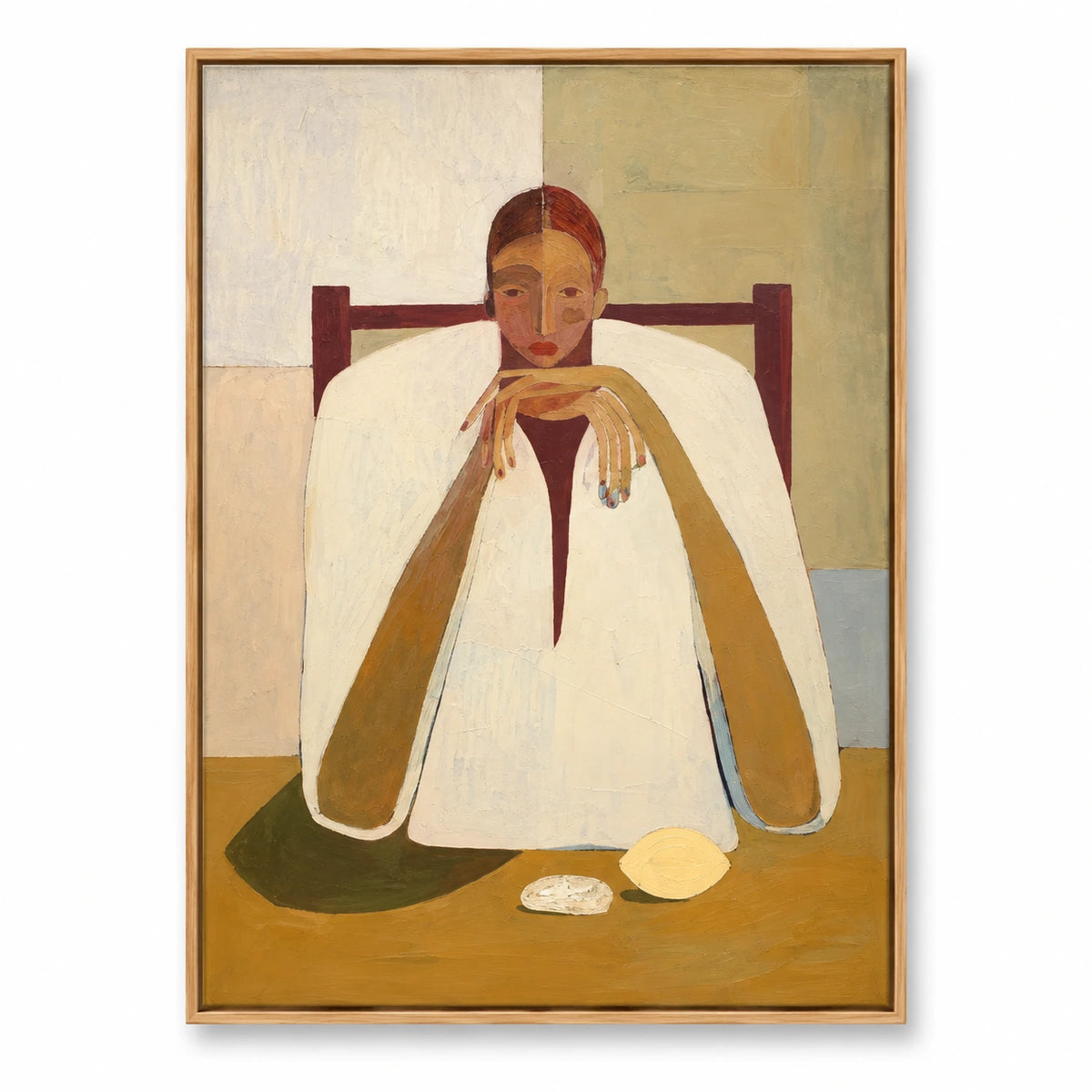 Contemplative Woman at Table Oil Painting | Neutral Figurative Portrait Wall Art #OA 1599