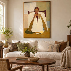 Contemplative Woman at Table Oil Painting | Neutral Figurative Portrait Wall Art #OA 1599