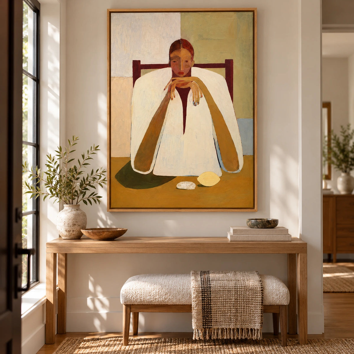 Contemplative Woman at Table Oil Painting | Neutral Figurative Portrait Wall Art #OA 1599
