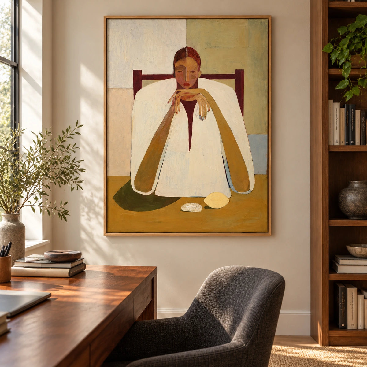 Contemplative Woman at Table Oil Painting | Neutral Figurative Portrait Wall Art #OA 1599