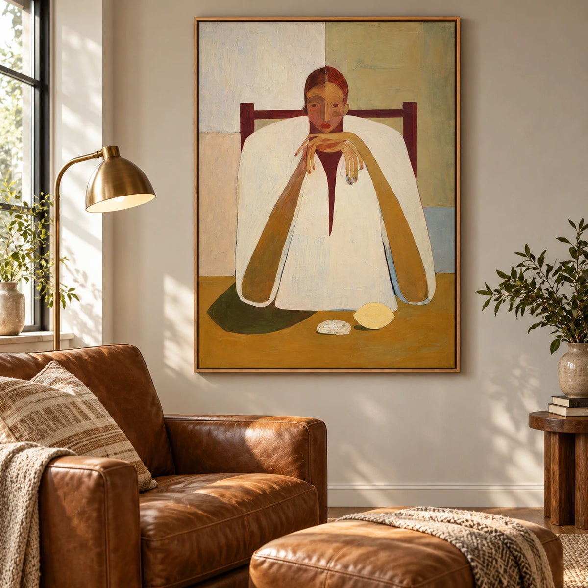 Contemplative Woman at Table Oil Painting | Neutral Figurative Portrait Wall Art #OA 1599