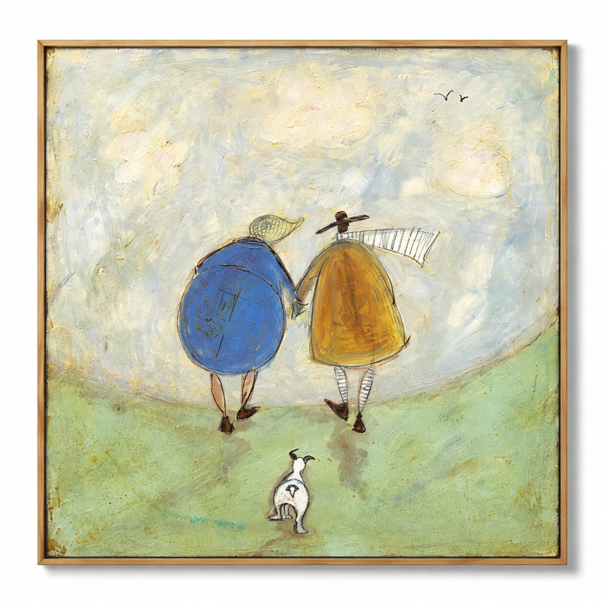 Couple Walking with Small Dog Oil Painting | Blue and Mustard Coats Green Hill Whimsical Square Folk Wall Art OA 1772