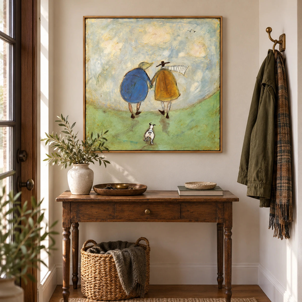 Couple Walking with Small Dog Oil Painting | Blue and Mustard Coats Green Hill Whimsical Square Folk Wall Art OA 1772